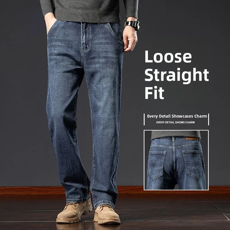 

Light Blue Men's Loose Straight Leg Jeans Side Pocket Summer Thin Simple Elastic Cotton Stretch Denim Pants Youth mid Waist