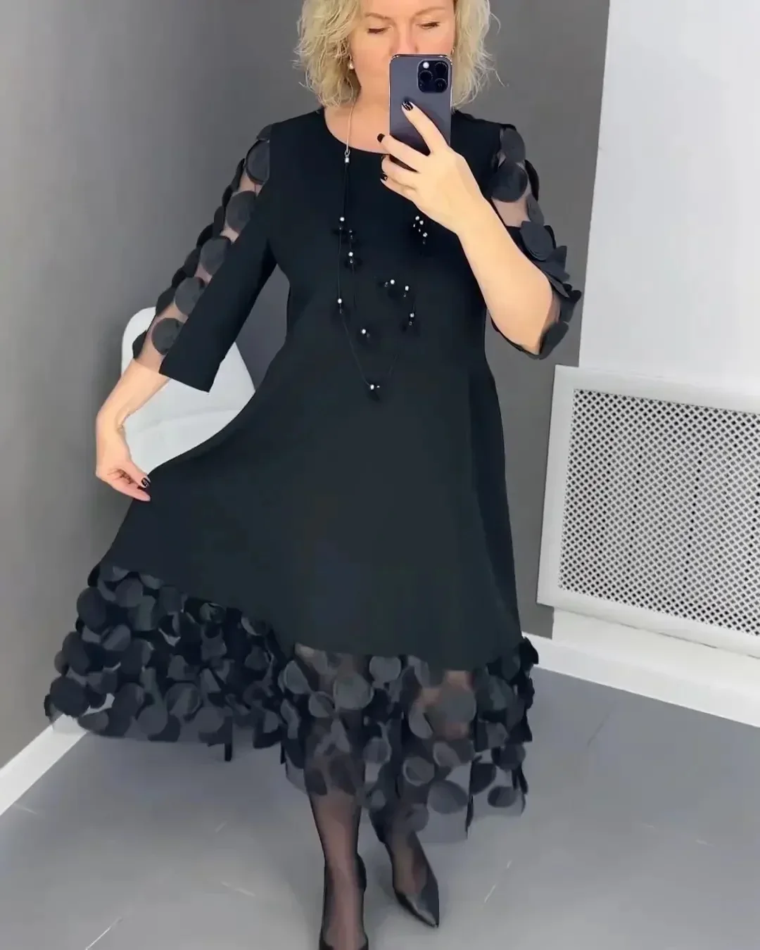 

New Flared Dress with Dots Decor Women Long Black O-neck Perspective Dot Loose Dresses Elegant Trendy Casual Daily Wear