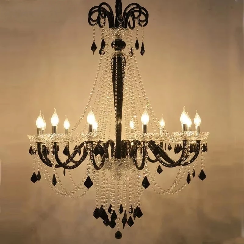 

European Crystal Pendent Lamp Black Candle Lamp Living Room Restaurant Villa Staircase Duplex Building Chandelier