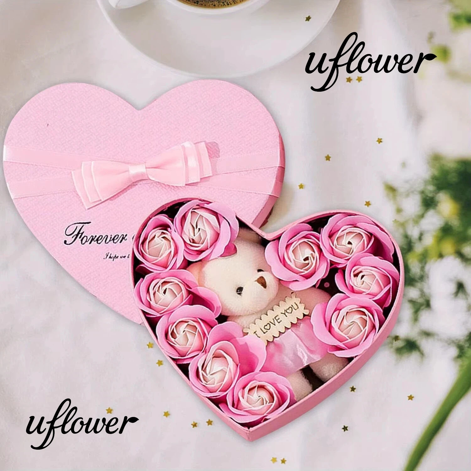Uflower Caja de regalo de amor rosa roja con oso Día de San Valentín Día de la madre Regalo de aniversario de Navidad Decoración del banquete de boda