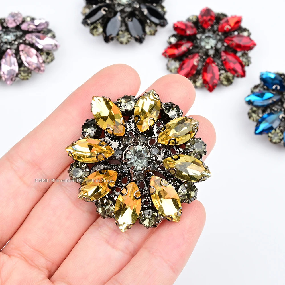 5 botones de metal con diamantes de imitación de ojo de caballo en gris plomo, con diseño de flor de diamante colorida, para ropa, zapatos y bolsos DIY