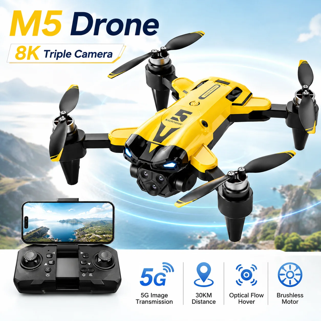 Brushless Aerial RC Drone 8K Triple Camera 5G Transmission 7 Level Wind Resistance Optical Flow Hover Folding Portable Drone