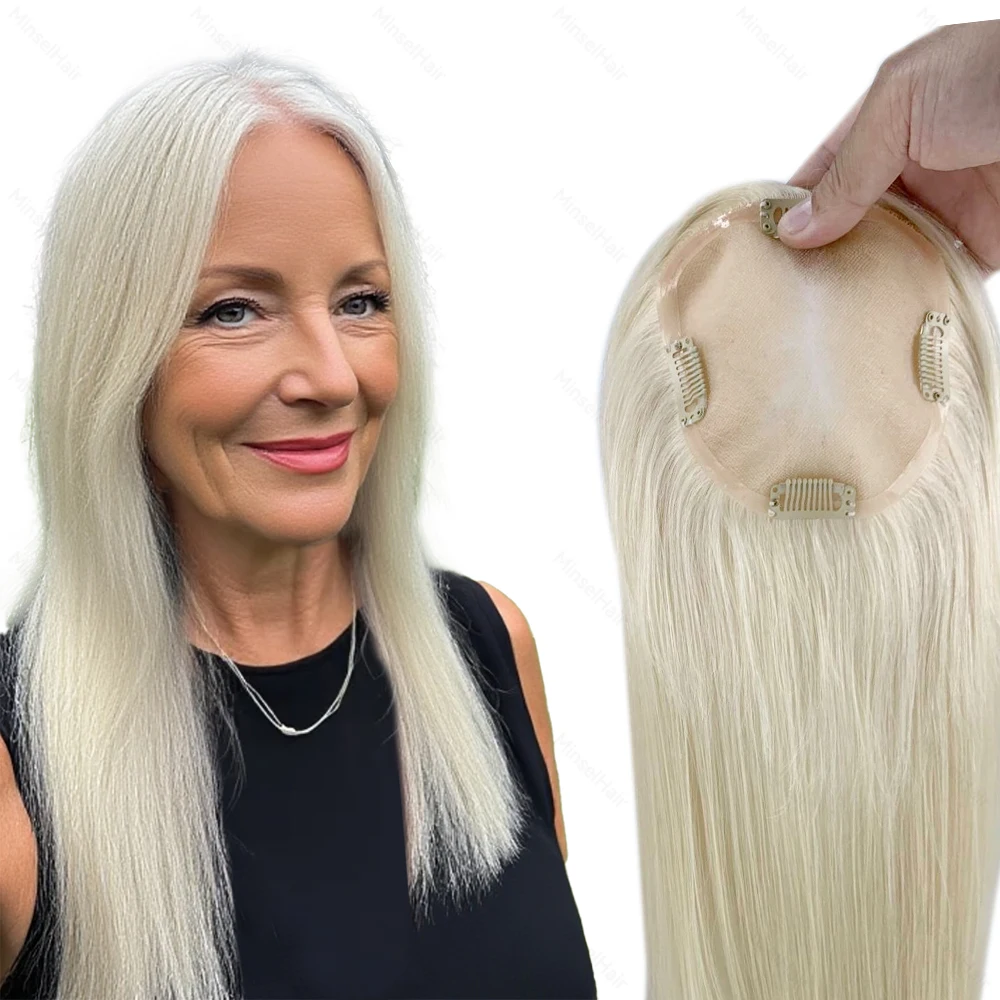 

5x5 Топперы из натуральных волос Премиум-качества Кутикула Remy Моно База 14 "-16" Вязание вручную 130% Плотность Дышащий Платиновый Блондин