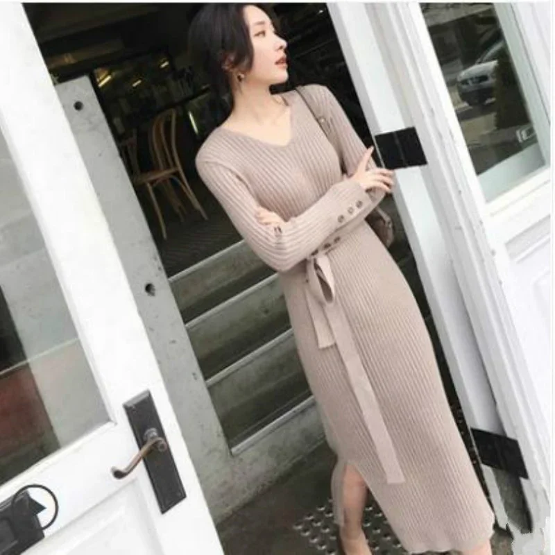 Winter Slim Fit Bottoming Dress V Neck Long Sleeve Jumper Tops Bodycon Womens Knitted Sweater Gothic Korean Fashion Clothing