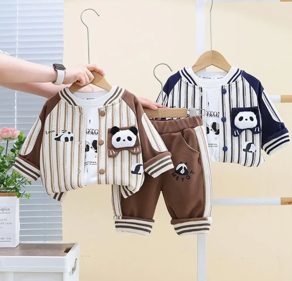 Boys Christmas Outfits 6 To 9 Months Korean Fashion Baby Sets Cartoon Vertical Strip Jackets+T-shirts+Pants Toddler Boy Clothes