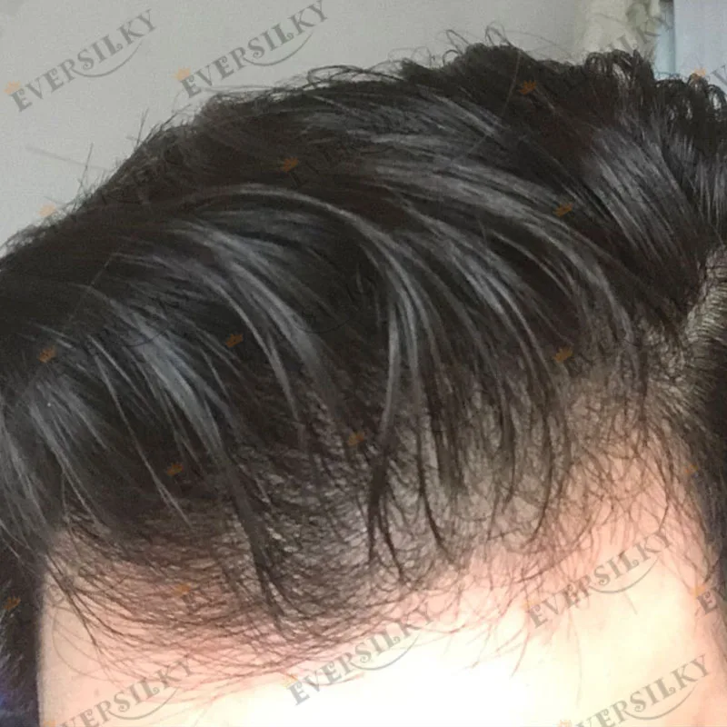 Unsichtbare 80-90 Dichte, super-natürlicher Haaransatz, schwarze Herrenperücken, 100% Echthaar, 0,02 mm ultradünne Hautbasis, Herren-Toupet – Detail 2