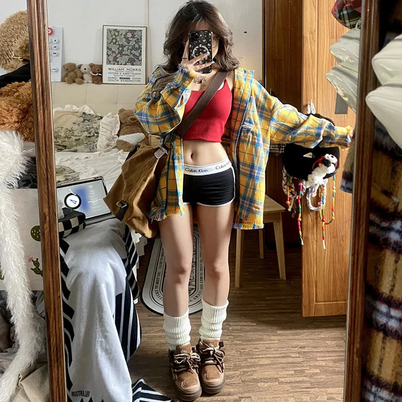 

Новая весенняя корейская повседневная свободная универсальная блузка в клетку с длинным рукавом для полных женщин (размеры 300+), подходит для всех типов фигуры