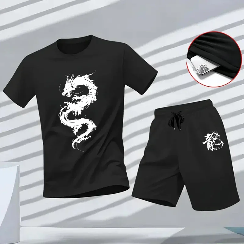 

Chinese Dragon Print Outfits T-shirt & Shorts Male Tracksuit 2pcs Set 2026 Summer Daily Casual Sporty Jogging Suit Men's Clothes