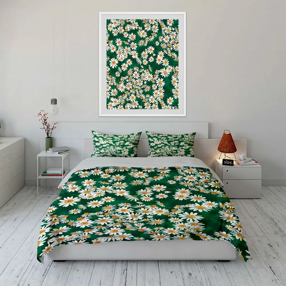 

3Pcs Daisy Bedding Set, White Daisies with Yellow Center Print Duvet Cover + 2 Pillowcases, Fresh Floral Decor