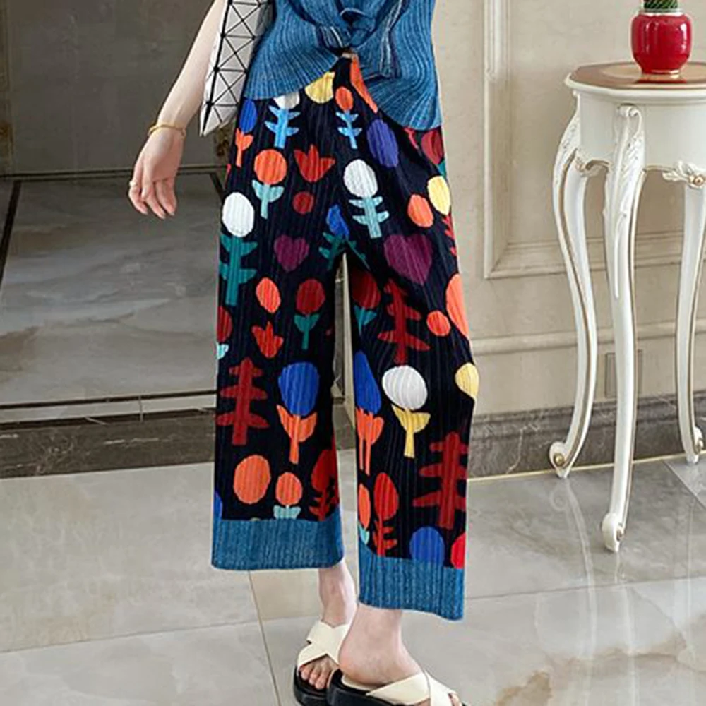 Folded niche  retro printing thin straight casual pants children's high-end summer drape eight-point nine-point pants