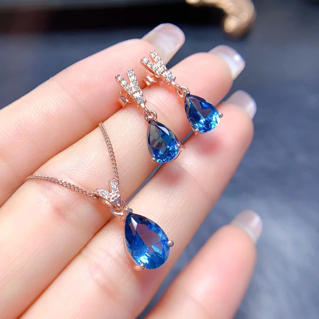 

Water Drop Shape Natural Topaz Jewelry Set for Office Women 6mm*9mm 7mm*10mm Total 4ct London Blue Topaz Ring and Earrings