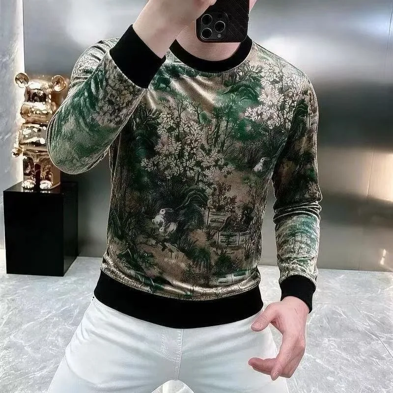 Luxury Velvet Men's Round Neck Long Sleeved Sweatshirt Fashion Business Base Shirt Casual Social Pullover Shirt Men Clothing