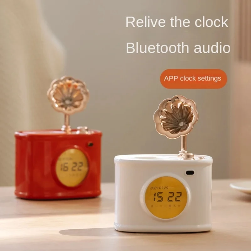 Bluetooth alto-falante retro relógio despertador calendário com display desktop decoração de casa criativos presente pequeno alto-falante-AT64