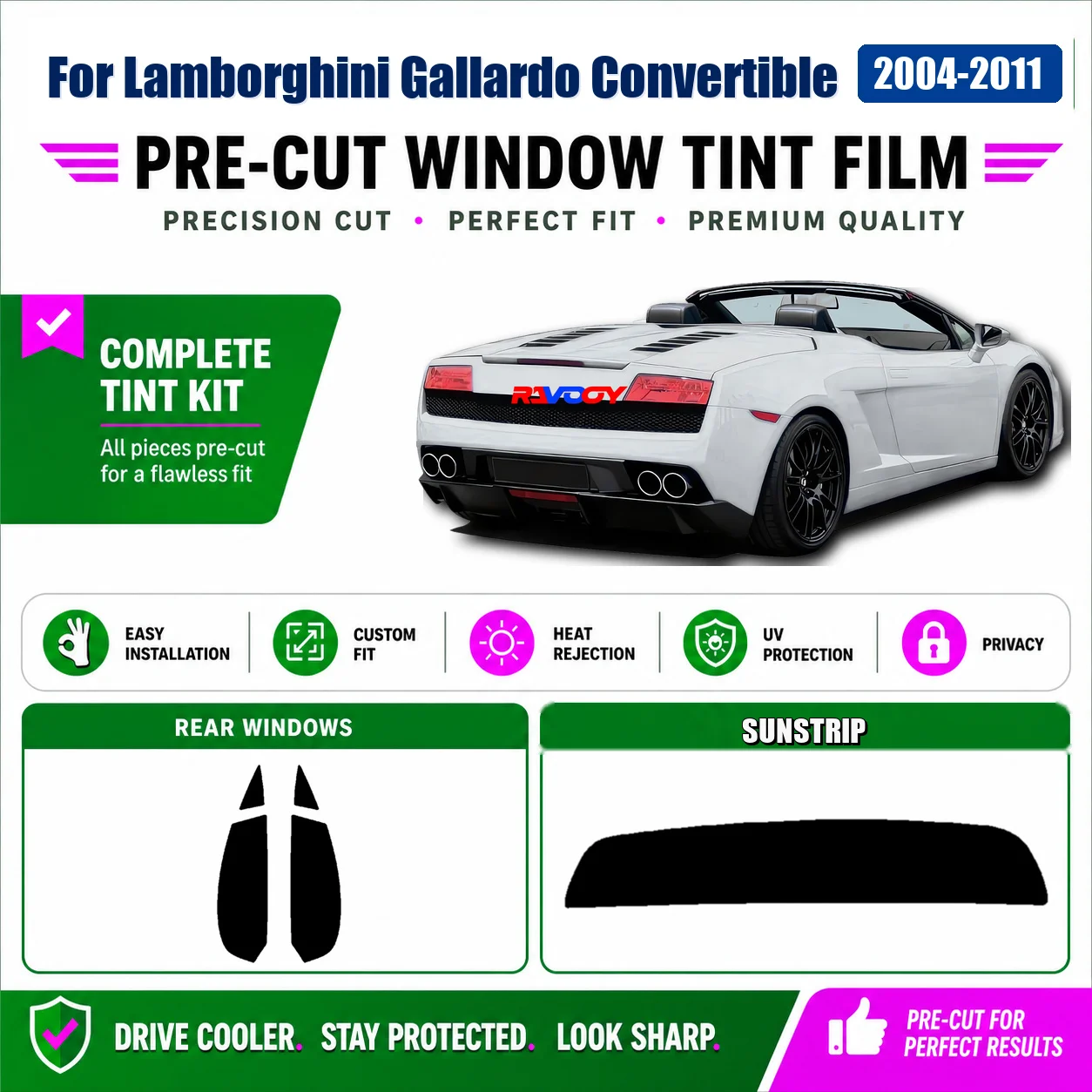 For Lamborghini Gallardo Convertible 2004-2011 Precut Tint Film Tailored Full Set Window Precut Glass Kit