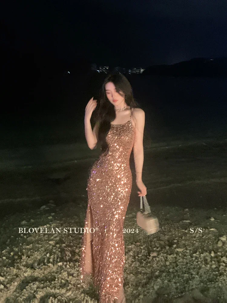 

French Elegant Sexy Luxury Gold Sequined Sleeveless Backless High Waist Slim Fit Split Sling Evening Long Dress For Women Summer