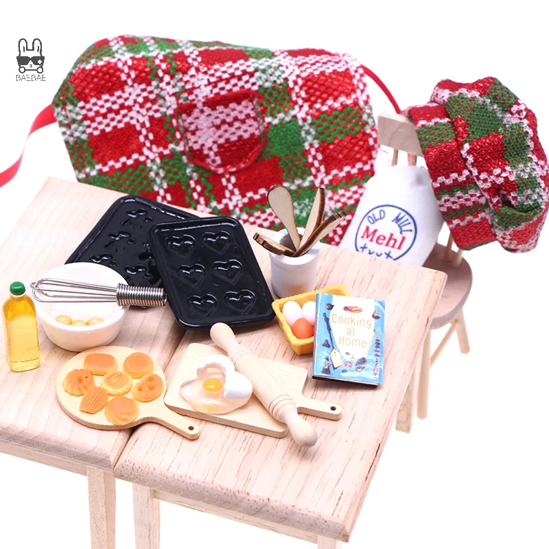 1 Set Chef Hat Mini Apron Clothing Rolling Pin Egg Beater Baking Sheets Cook Tray Dollhouse Christmas Doll Cooking Baking Kit