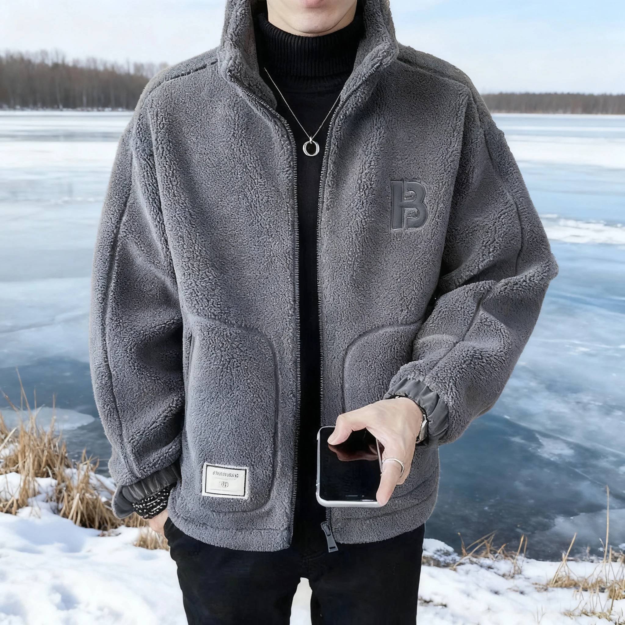 

Lamb Velvet Thiened Men's Cotton Jaet Autumn Winter New Korean Sle Fce Lined Casual Warmth Outerwear Cardigan