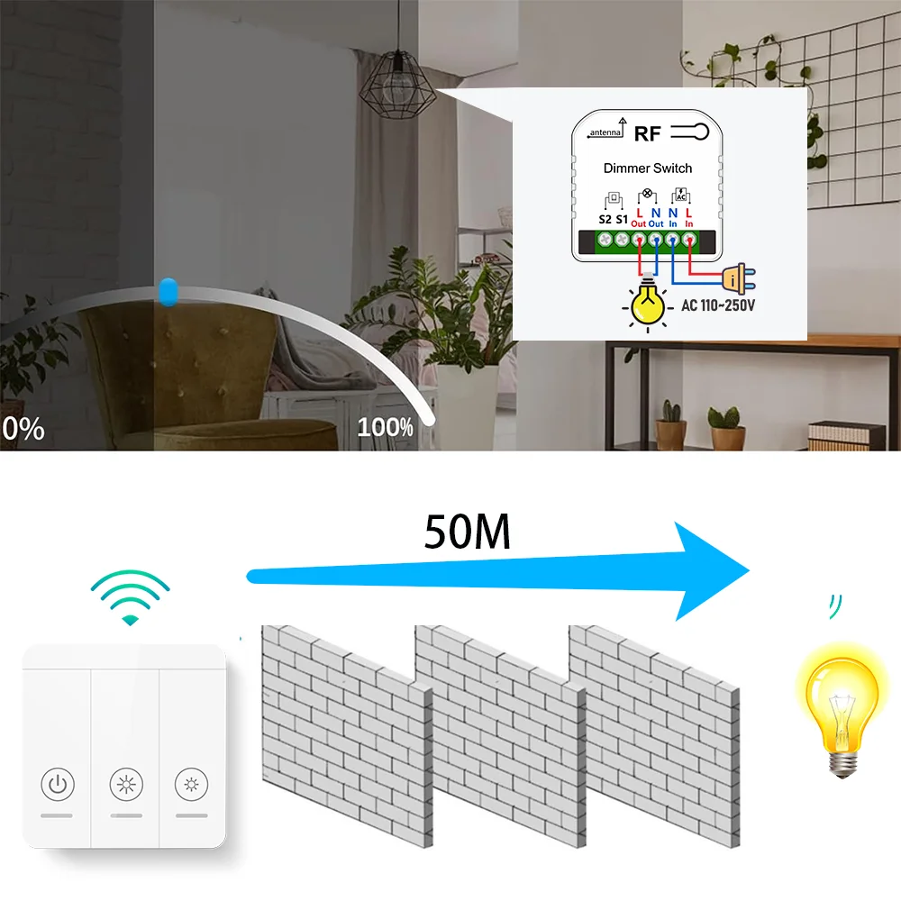 Wireless Dimmer Light Switch with Remote Controls AC110V 220V Dimmable Switch Control for LED and Halogen10W-150W (No Wifi)