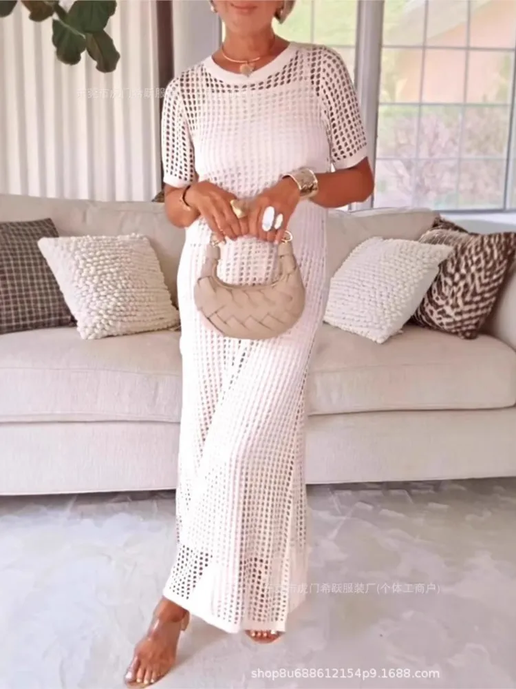 Solid Hollow Out Dress For Women Fashion Short Sleeve O Neck Loose Dresses Robe Femme Casual Holiday Boho Vestidos Clothes New