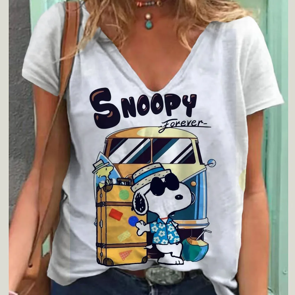 Snoopy 3D Print V-Neck Short Sleeve Tees Women‘S Oversize T-Shirt Fashion T-Shirts For Women Summer Y2k Woman Tops