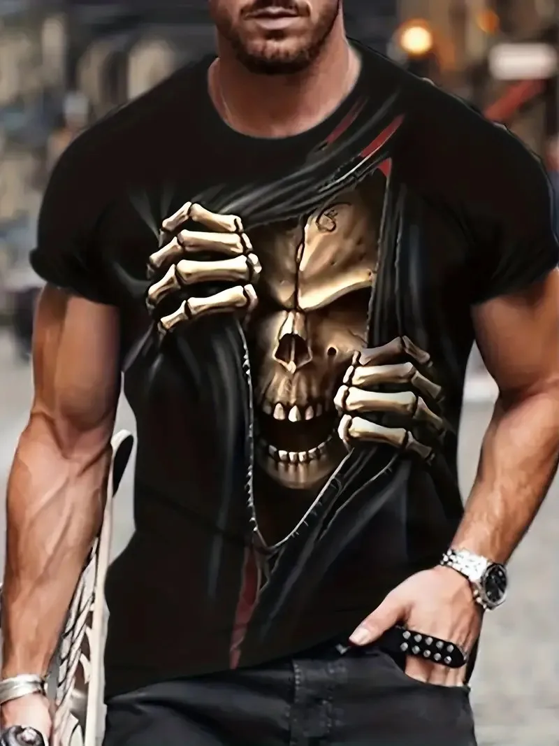 Camiseta deportiva de manga corta con estampado de calavera 3D para hombre, camisa informal de cuello redondo, personalizada, de gran tamaño, a la moda, para uso diario, verano al aire libre