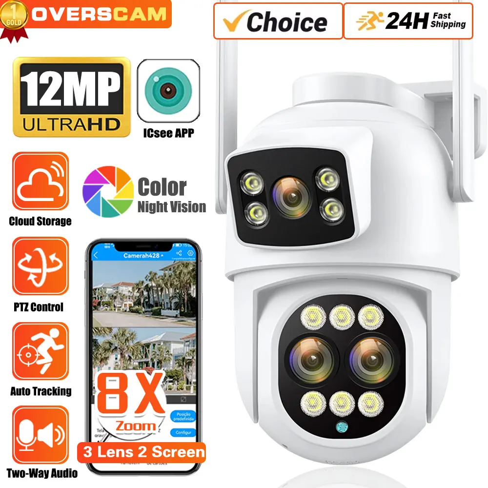 

12MP 6K WiFi IP 8X Zoom Dual Screens Camera 8MP PTZ Wifi Surveillance Camera Outdoor Night Vision ICSEE APP CAM Human Detection