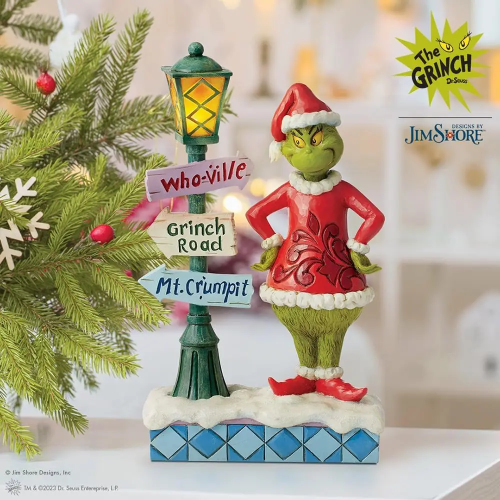 تمثال Grinch Santa مع مصباح شارع LED، ديكور عيد الميلاد مصنوع يدويًا من الراتنج الحجري، مقاس 10.24 بوصة متعدد الألوان قابل للتجميع