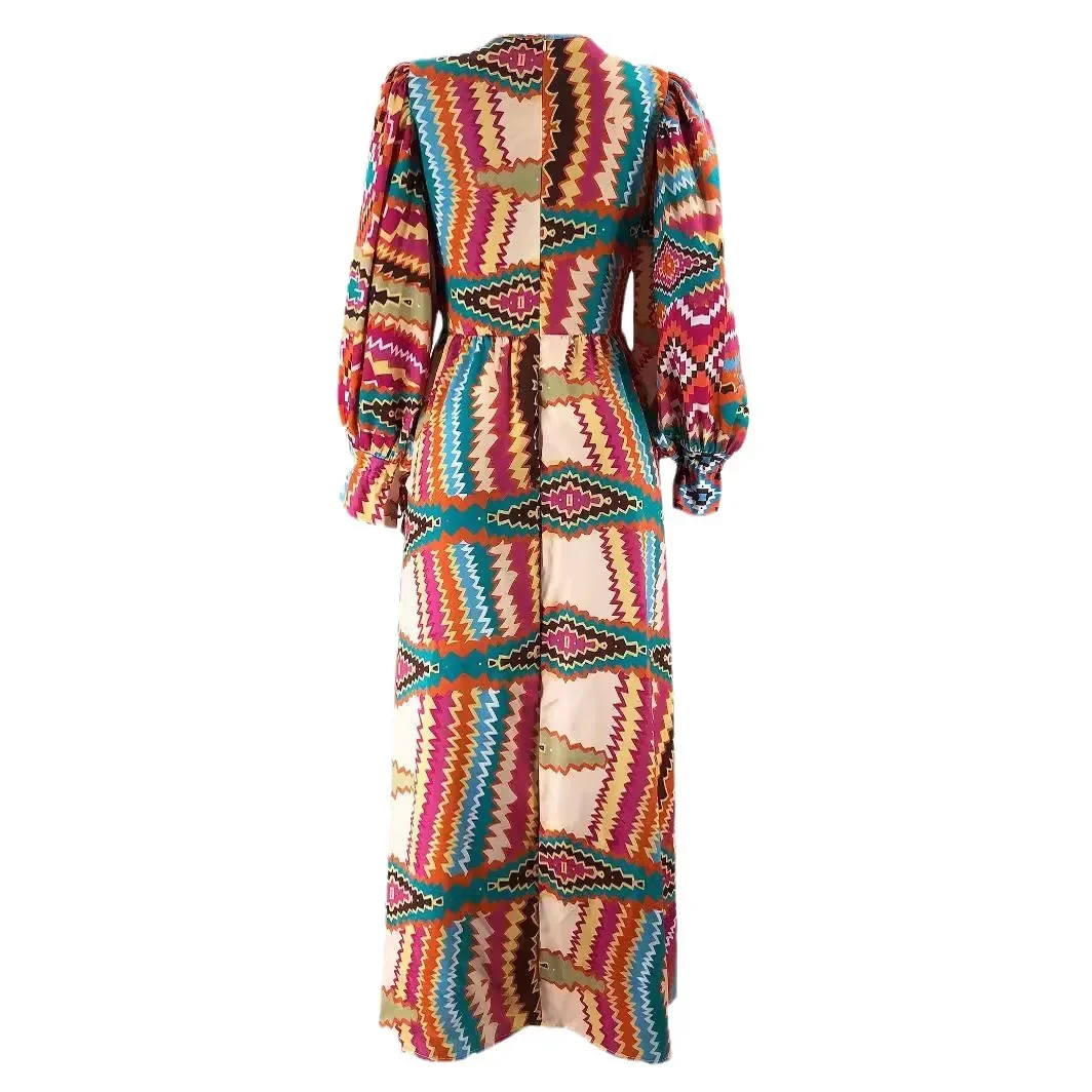 Long Abstract Printed Dress Abayas for Women High Waist for Party Long Sleeve Loose Robe O Neck Dubai Abayas Turkish Clothing