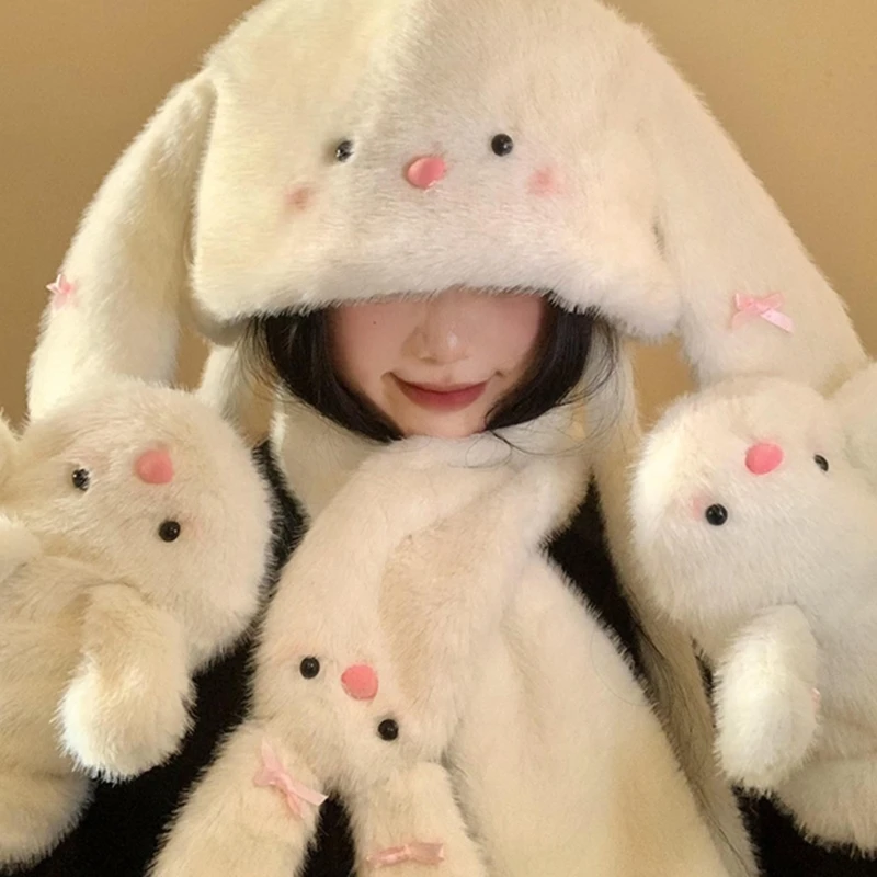 Furry Bunnies Trapper Hat Bufanda Guantes para calidez Cómodos accesorios invierno