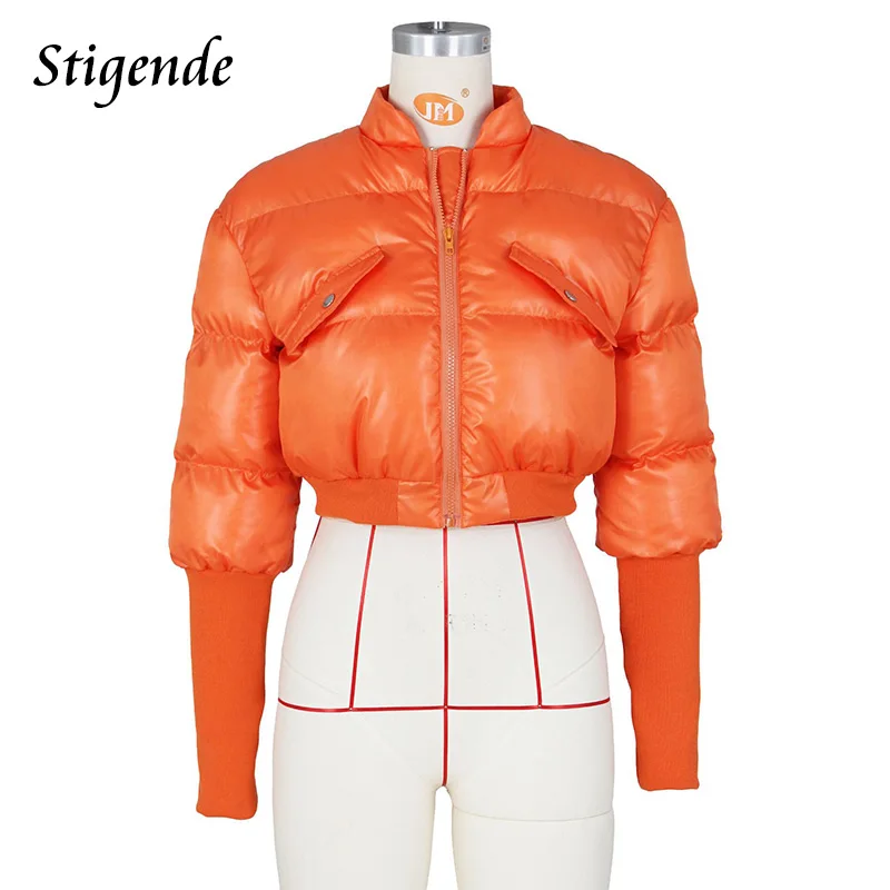 Stigende Women Stretch Long Sleeve Cropped Jacket Patchwork Thicken Cotton Padded Coat Solid Color Winter Warm Puffer Parkas