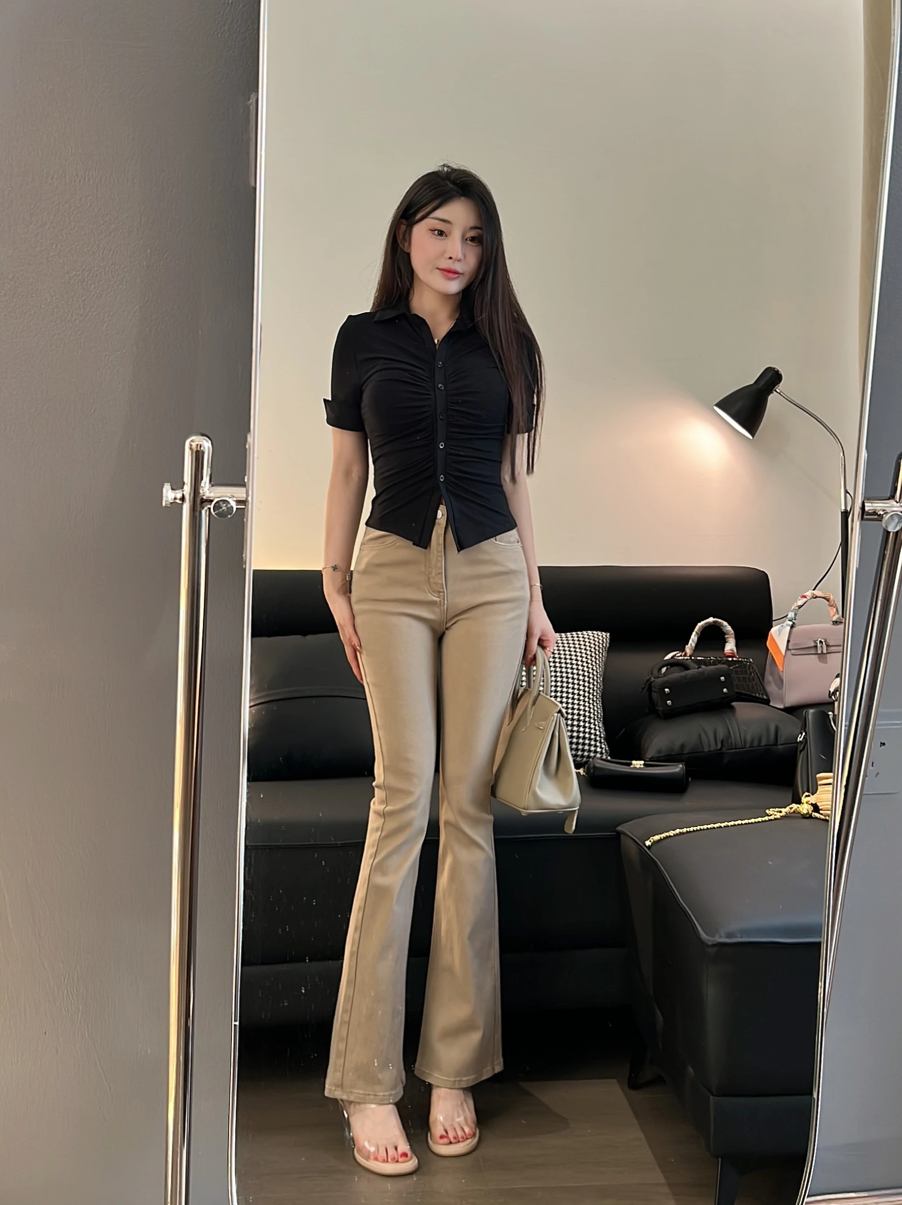 

Джинсовые брюки цвета хаки с высокой талией, эластичные джинсовые брюки, тонкие прямые длинные брюки, женские осенние новые хлопковые эластичные брюки...