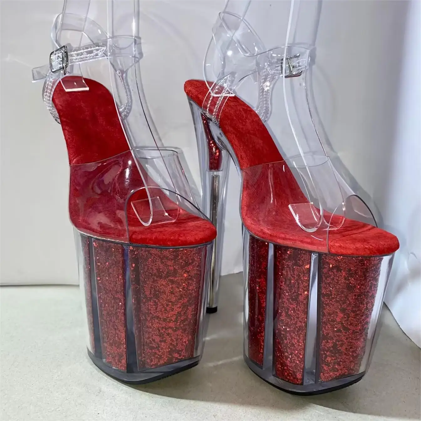 Red sequin 20cm sexy transparent platform sequin trim, 8-inch stiletto party nightclub shoes/pole dancing model sandals