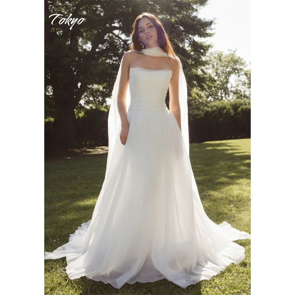 Tokyo Customized White A-Line Wedding Dresses Strapless Sleeveless Court Train Bridal Gowns 2025 Elegant A-Line Wedding Gowns