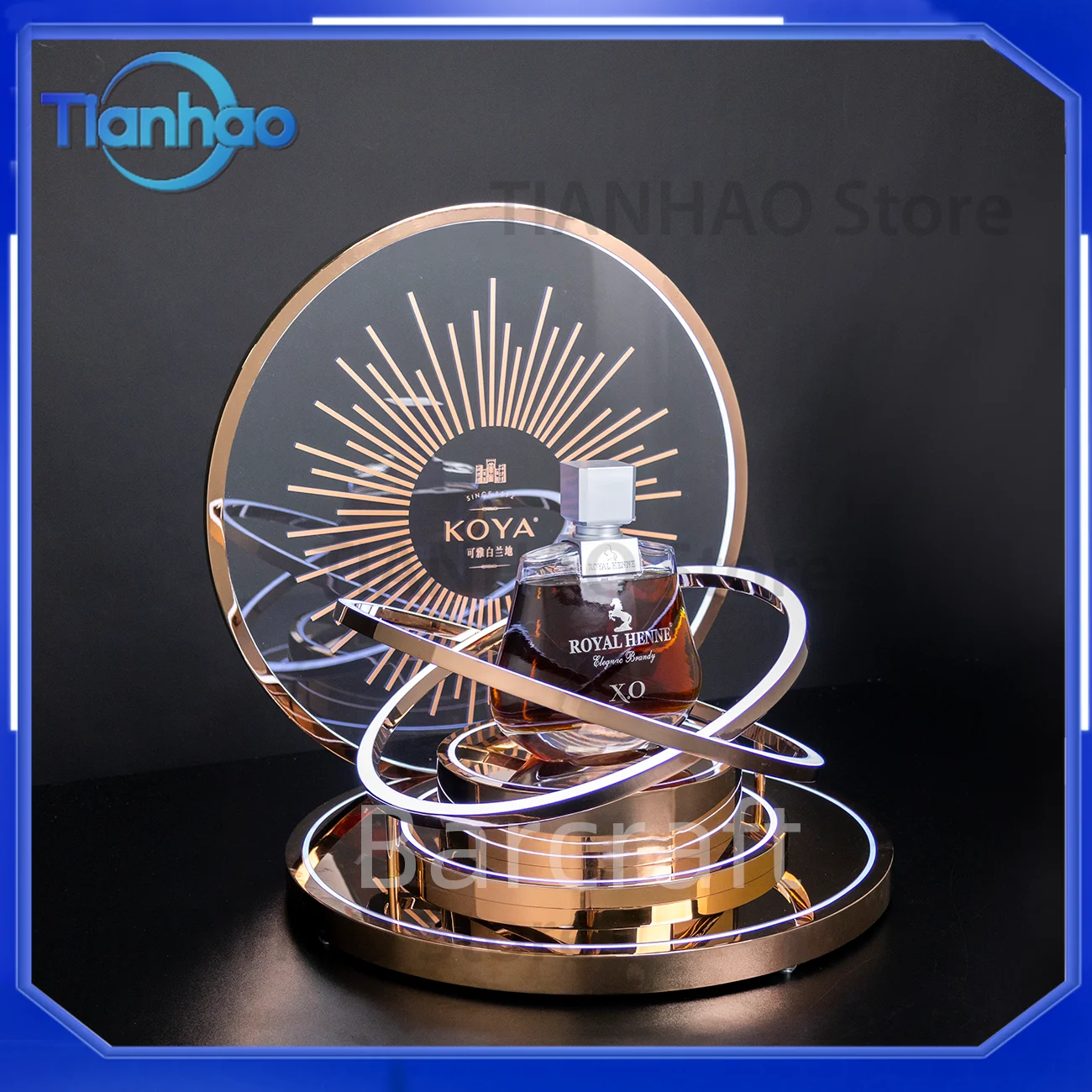 Luxury Stainless Steel LED Wine Display Stand for Modern Tasting Bar Brandy Baijiu Display Rack for Contemporary Store