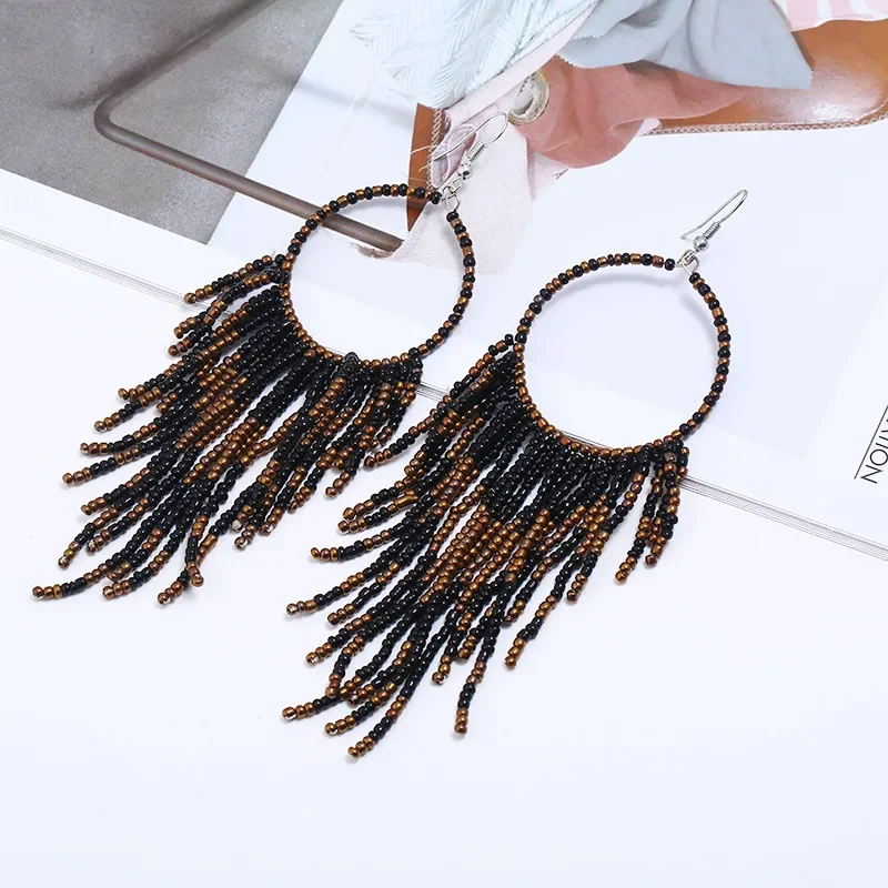 Fringe Earrings  Hand knitting  Bohemia  Beading  circle  Simple  fashion  Retro  geometry  alloy  ma'am  Rice Bead Earrings