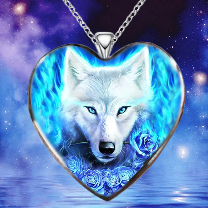 Fashion Blue Animal Wolf Head Rose Heart Crystal Pendant Necklace Engagement Necklace Women's Stainless Steel Jewelry Party Gift