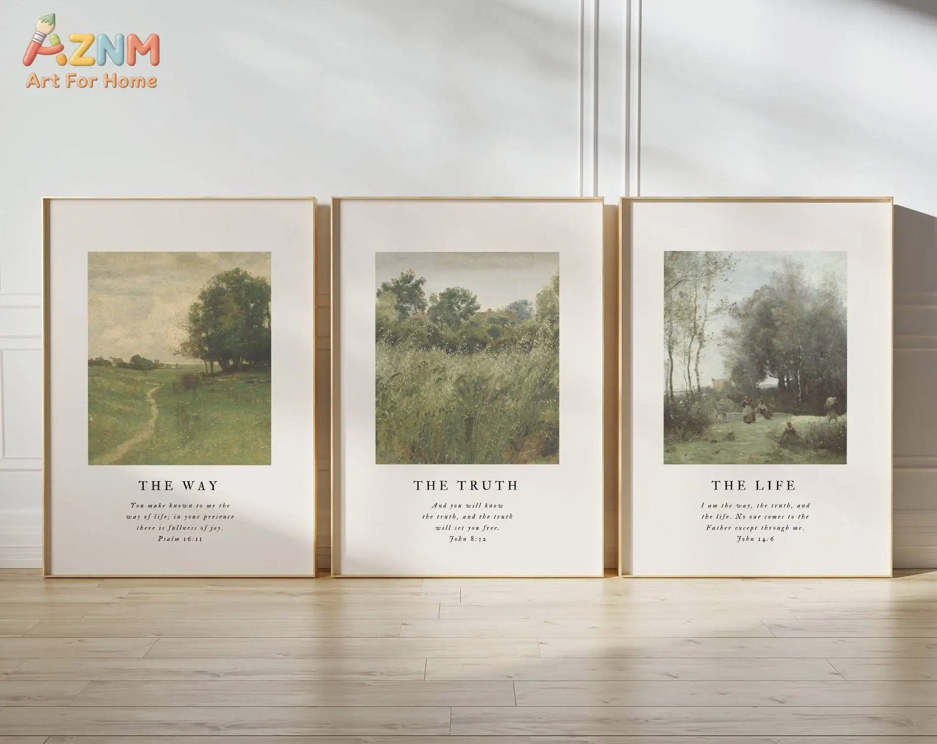 Ensemble d'art mural chrétien en 3 parties |   Le Chemin, La Vérité, La Vie |   Impression de versets bibliques