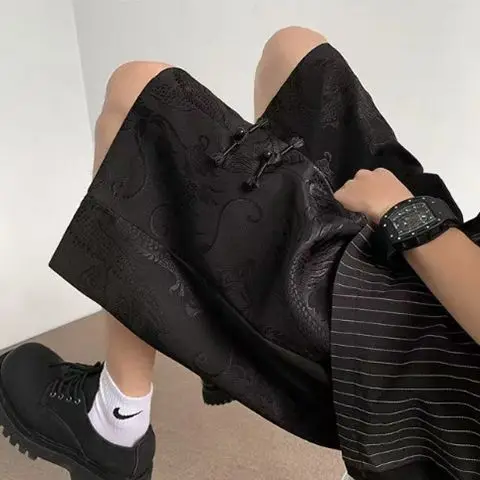 New Chinese Style Dragon Pattern Ice Silk Shorts Men's Summer Thin Quick-drying Loose Casual Five-point Pants