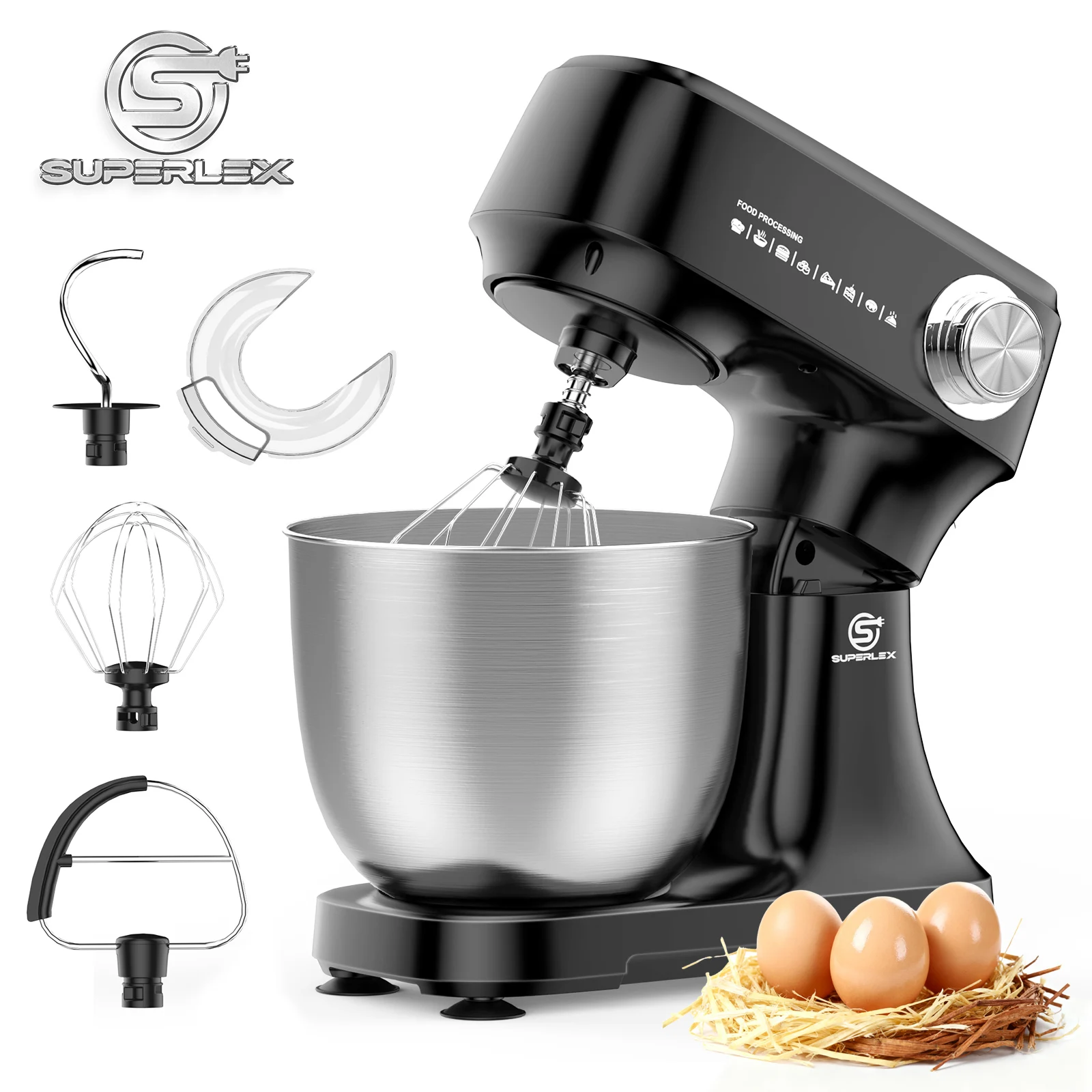 Superlex 4.5L Food Stand Mixer 800W Whip Dough Kneader Multifunctional Powerful Motor Control-Temp Kitchen Mixer With Steel Bowl