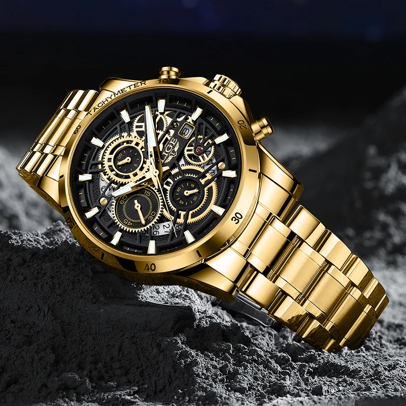 LIGE Quartz Watch Men Gold Black Mens Watches Top Brand Luxury Chronograph Sports Watches Luminous Waterproof Relogio Masculino