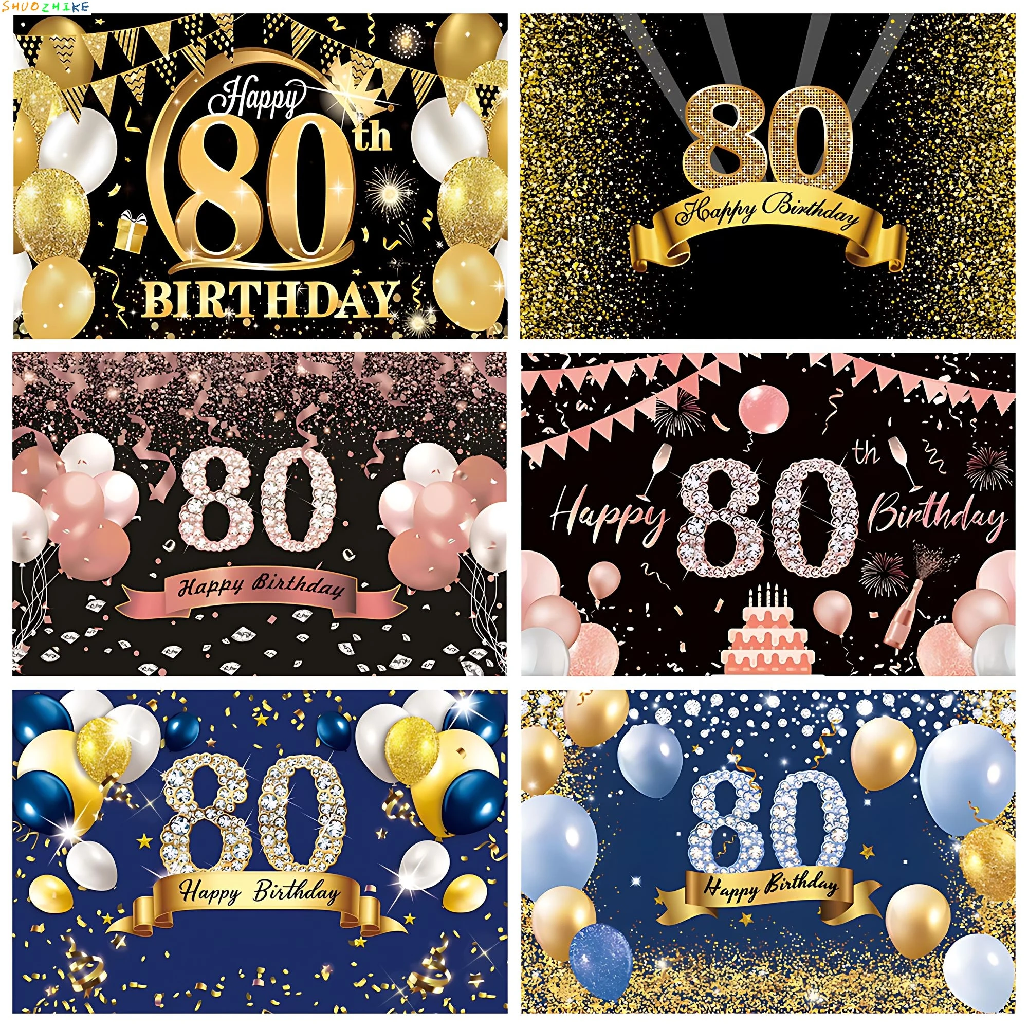 

80 Years Old Happy birthday Photography Backdrop Balloon Black Gold Fantasy Party Banner Decor Photo Studio Background XC-01