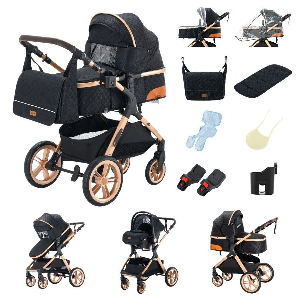 3-in-1 Babywandelwagen, vierwielige kinderwagen, hoge ligging met muskietennet, opvouwbaar, schokbestendig, vierwielige kinderwagen