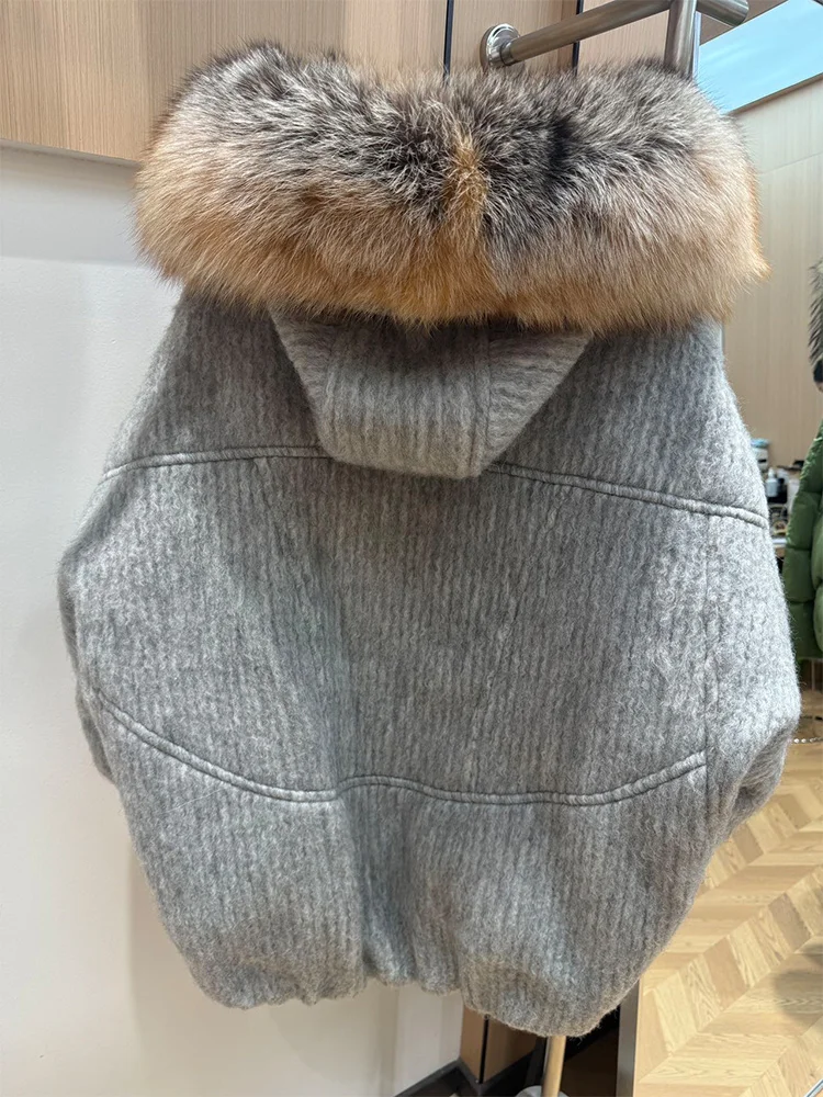 Women Warm Winter Wool Woolen Jackets  Real Fox Fur Collar Hooded Goose Down JacketThick Female Outwear Coat Puffer Jacket