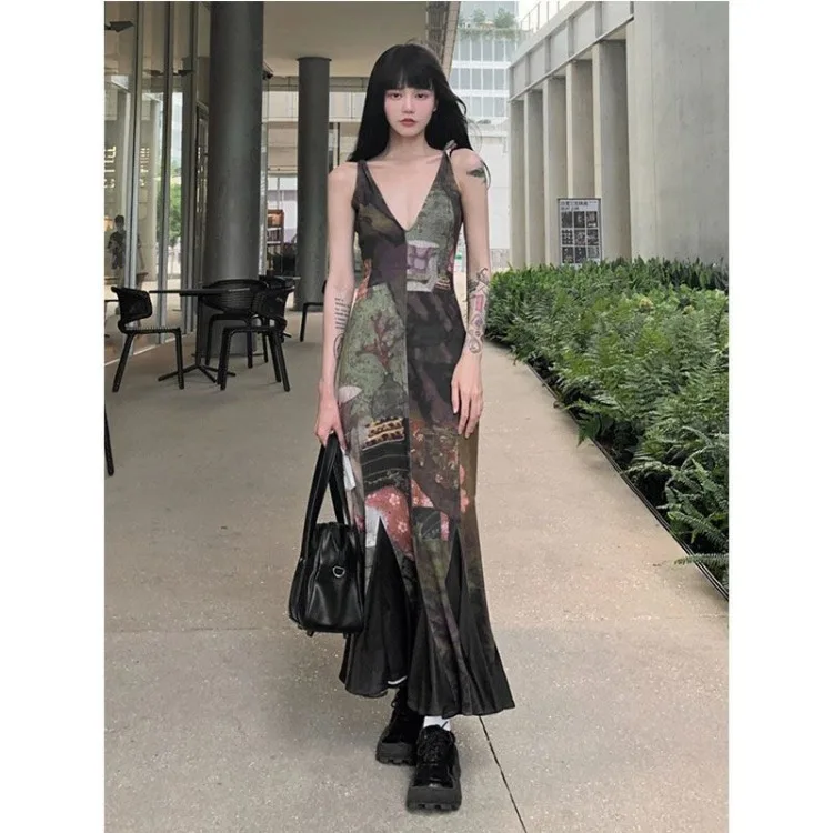 Korobov V-neck Fishtail Dress Elastic Print Long Suspenders Vintage Temperament Y2k Dresses Harajuku Fashion Vestidos Para Mujer