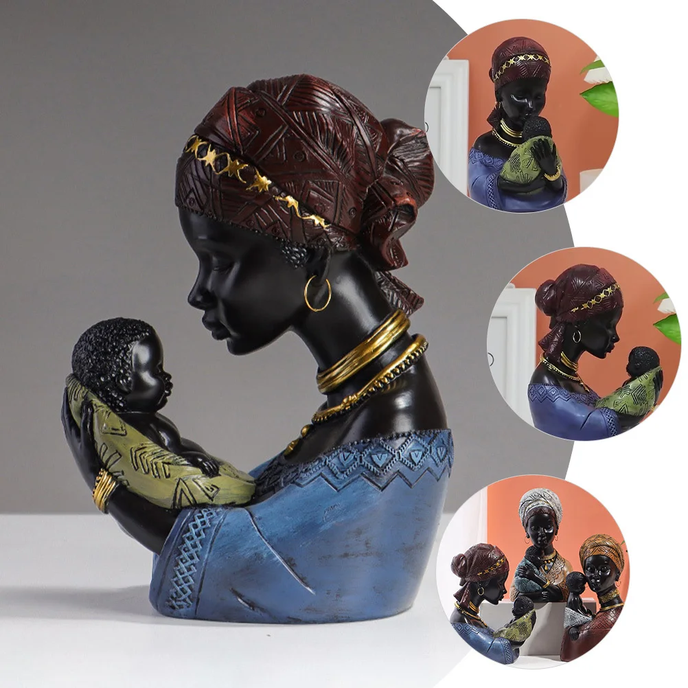 

African Mother and Son Resin Sculpture Warm Elegant Home Decor for Tabletop Shelf Bookshelf Cabinet Porch Decorative Art
