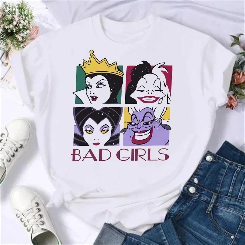 Summer Cartoon Disney Spoof Villains Princess Print Blouse Women 90S Tshirt Harajuku White Ladies T-Shirts Female Y2k Tops