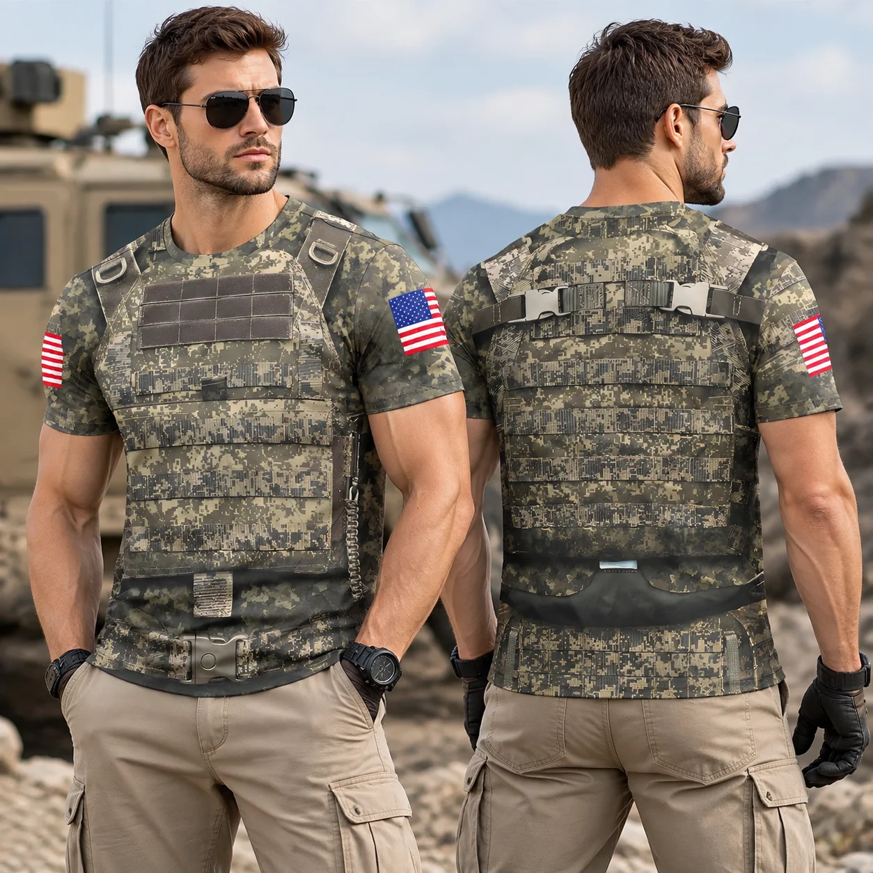 Summer Military Camo US Flag Sleeve 3D Tactical Vest Pattern Mens Fitted Top Breathable Short Sleeve Fishing Shooting Tees