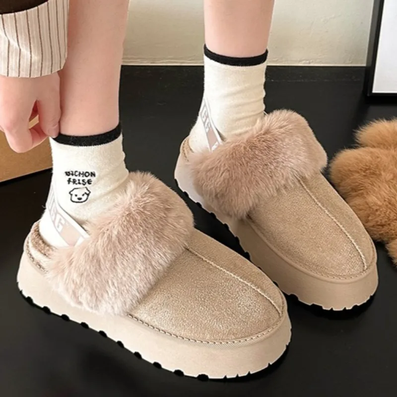 موضة جديدة بلون الجلد المدبوغ المرأة النعال العلامة التجارية مصمم 2025 الشتاء المرأة عالية الجودة المنزل حذاء الثلج عالي الرقبة دافئ بيع