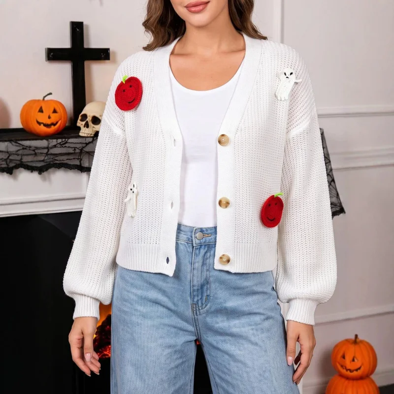 QICHE 2026 Autumn Winter Women Halloween Crochet Pumpkin Decor Cropped Knit Cardigan Casual Sweater Coat