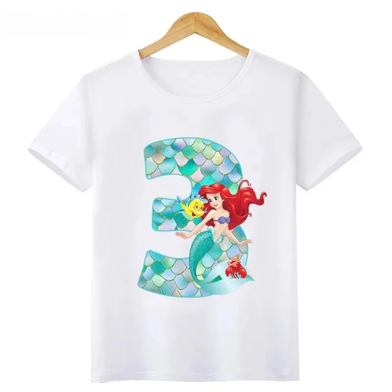 Cotton Princess Mermaid Graphic Girls Clothes Kids T Shirt Age 1 2 3 4 5 6 7 8 9 Years Birthday Number Bow Baby T-Shirts